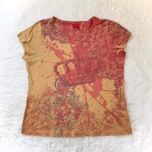 Y2K 2000s Baby Tee Abstract Crown Print Multicolor Yellow Orange Girl's 14/16
